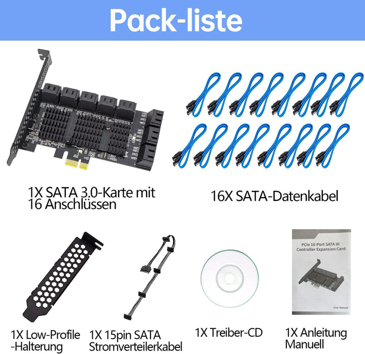 PCIE zu 16 SATA Ports PCIE SATA Controller Karte, 6 Gbps SATA 3.0 Controller, Kommt mit 16 SATA-Date
