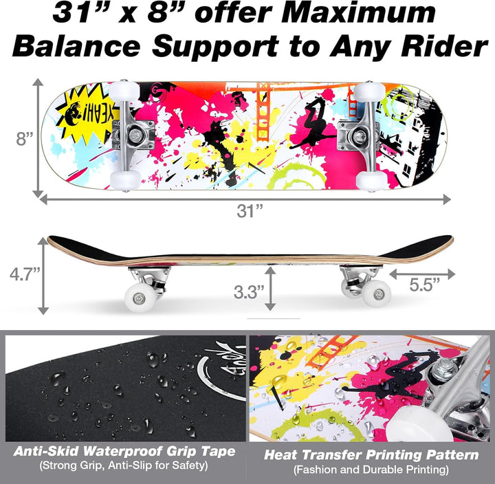 BELEEV Skateboard 31x8 Zoll Komplette Cruiser Skateboard für Kinder Jugendliche Erwachsene, 7-Lagige