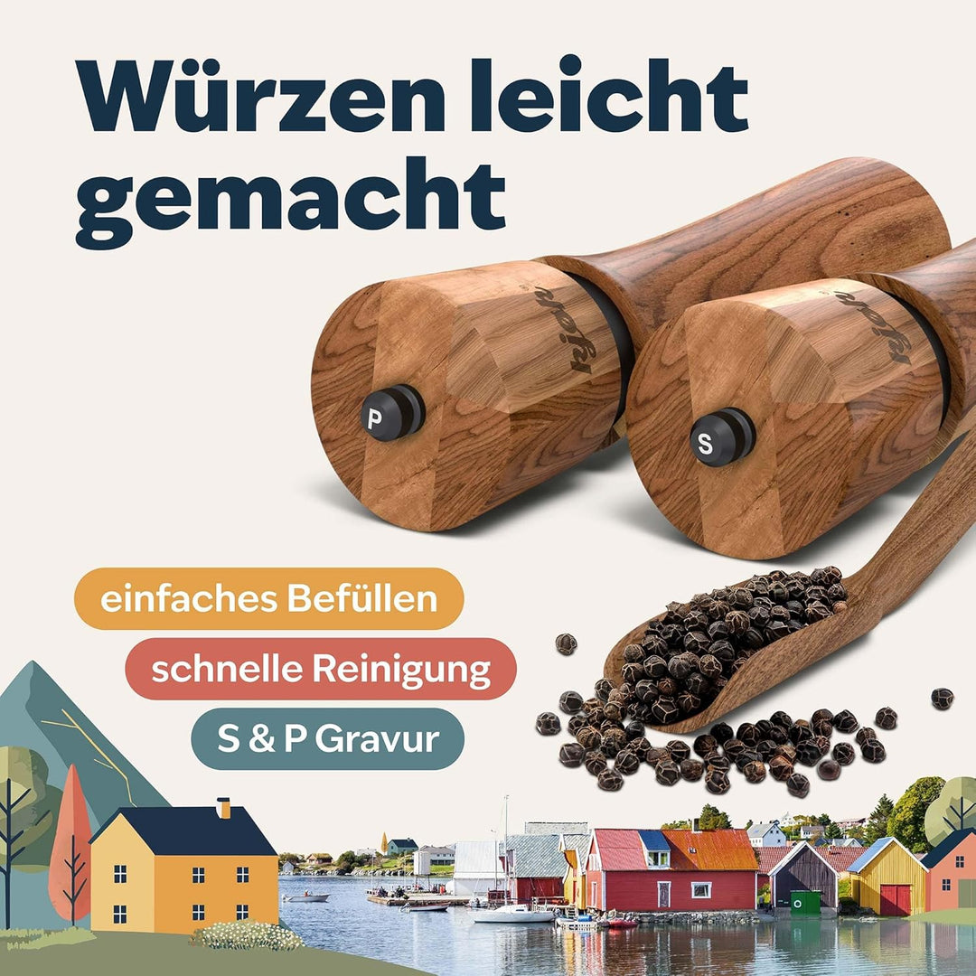 kjøk Premium Salz und Pfeffer Mühle massives Akazienholz mit Untersetzer, Reinigungsbürste und Einfü