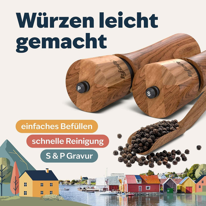 kjøk Premium Salz und Pfeffer Mühle massives Akazienholz mit Untersetzer, Reinigungsbürste und Einfü