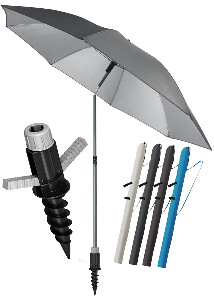 4smile Sonnenschirm Strand Ø 180 cm, 3-in-1 SET mit Bodenhülse, Anthrazit | UPF 50+ Strandschirm + S