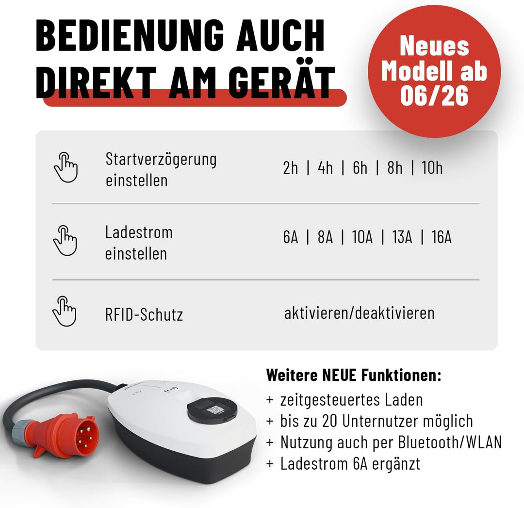 ABSINA Mobile Wallbox 11kW 16A mit App Steuerung - Wallbox mit CEE Stecker, RFID & Einstellbarer Lad