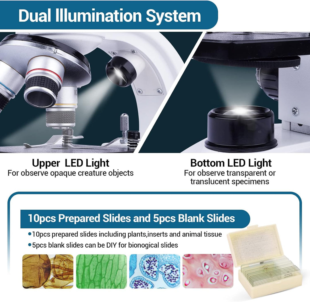 Mikroskop Binokular für Erwachsene Kinder, 40X-1000X Binokular Mikroskop mit Dual-LED-Beleuchtung, A