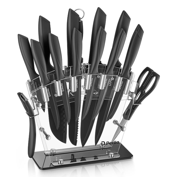 D.Perlla Messerblock, 16-TLG Messer set, Schwarz Antihaft-Beschichtung Messer mit Acryl Messerhalter