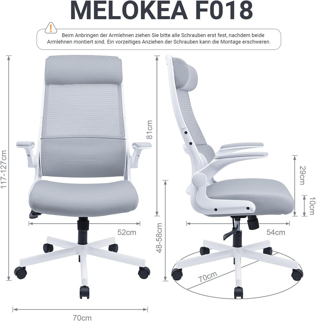 MELOKEA Bürostuhl Ergonomisch, Schreibtischstuhl aus Mesh mit Hochklappbaren Armlehnen, Computer Dre
