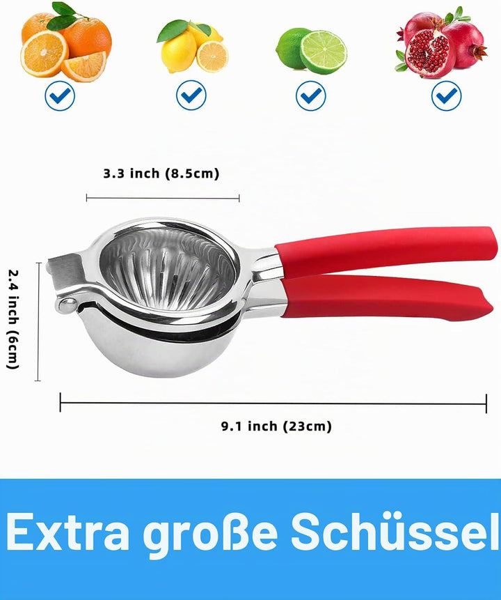 JOYIT Extra grosse Zitronenpresse aus Edelstahl – hochwertige robuste Zitronenpresse mit Silikongrif