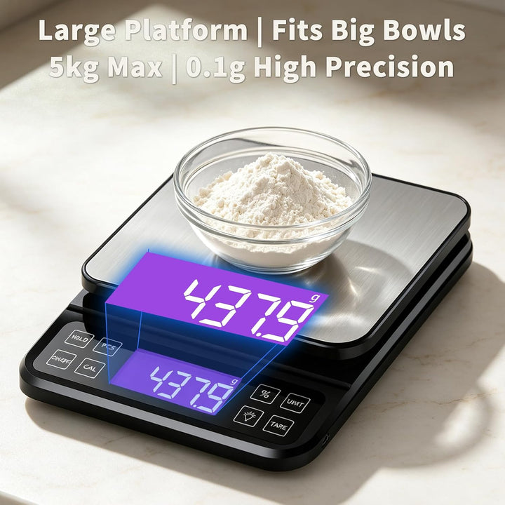Grosse Küchenwaage Digital, 5kg 0,1g Backwaage mit%-Funktion Schwarz-5kg, Schwarz-5kg