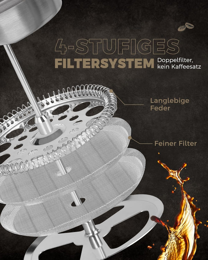 Poliviar French Press Kaffeebereiter 1 Liter/8 Tassen, Doppelwandige Isolierte Kaffeekanne und Teebe