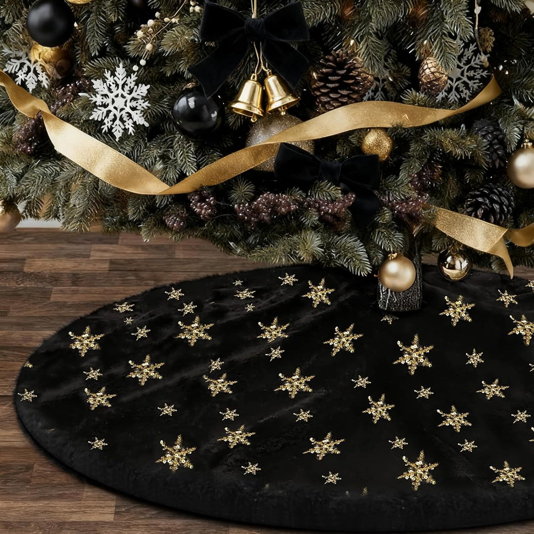 Weihnachtsbaumdecke Schwarz, 120 cm Grosser Weihnachtsbaum Rock Schwarz Kunstpelz mit Silbernen Gold