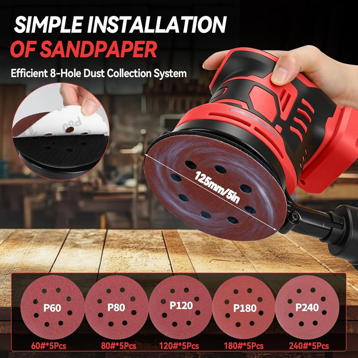 Akku Exzenterschleifer für Milwaukee 18V, 125MM Schleifmaschine für Holz mit Staubabsaugung, 25 Schl