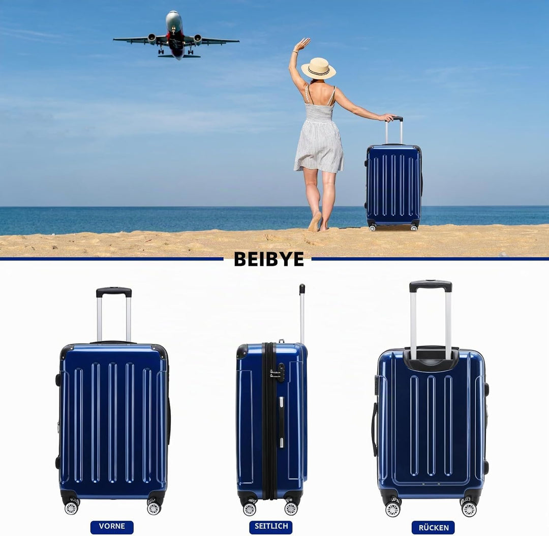 BEIBYE Zwillingsrollen 2048 Hartschale Trolley Koffer Reisekoffer Taschen Gepäck in M-L-XL-Set (Blau