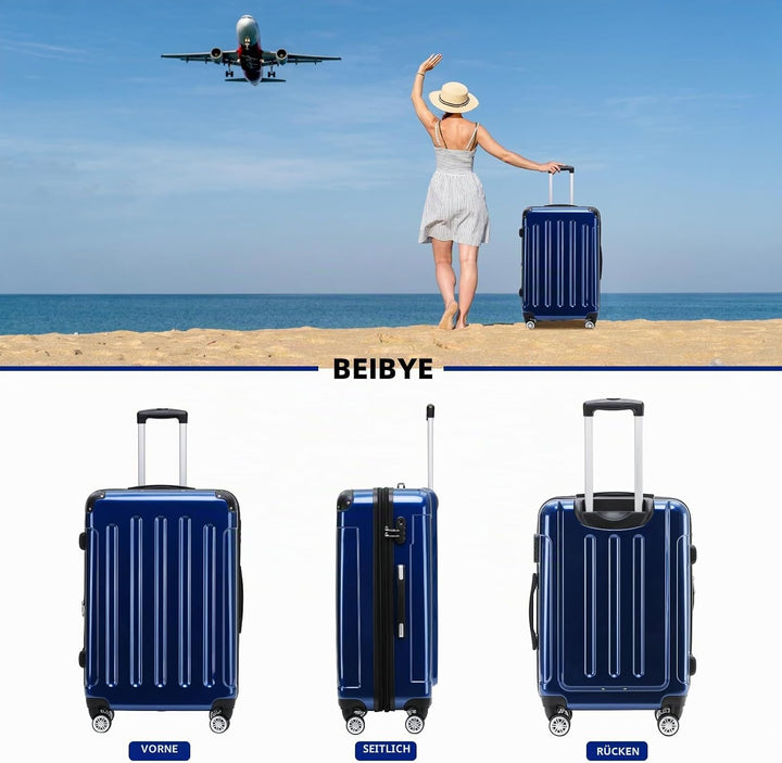 BEIBYE Zwillingsrollen 2048 Hartschale Trolley Koffer Reisekoffer Taschen Gepäck in M-L-XL-Set (Blau
