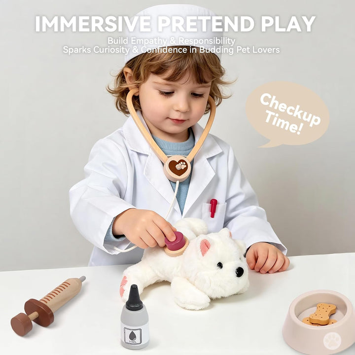 Tierarzt Spielzeug Arztkoffer Kinder Holz, Tierarztkoffer Doktorkoffer mit Stethoskop und Haustierkä