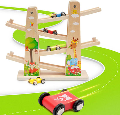 Kugelbahn Holz,Premium Holzspielzeug mit 4 Autos,Autorennbahn Holz Spielzeug für Jungen Geschenke Ge