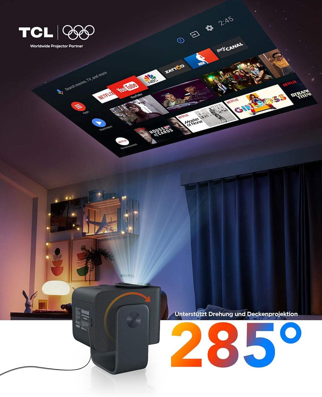 TCL C1 Beamer 4K-kompatibel, Offizielle Google TV (APV/Netflix/Disney), Smart Beamer 1080P Full HD,