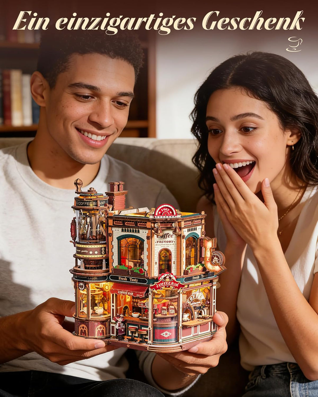 ROKR Dream Coffee Factory EAB02 DIY Miniatur Puppenhaus Spieluhr für Erwachsene, Mechanisches Kaffee