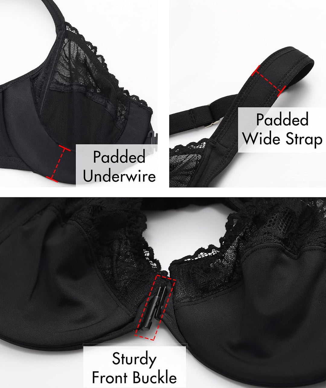 AISILIN BH Damen mit Bügel Vorderverschluss Racerback Spitze ohne Polster Grosse Grössen 75C Schwarz