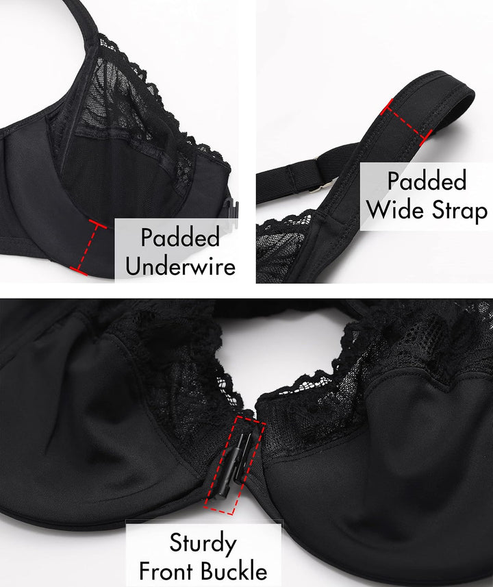 AISILIN BH Damen mit Bügel Vorderverschluss Racerback Spitze ohne Polster Grosse Grössen 75C Schwarz