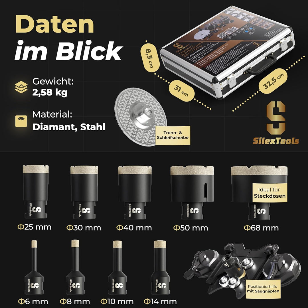 Profi Diamant Fliesenbohrer Set - 11teilig [6|8|10|14|25|30|40|50|68mm] mit Bohrkronen, Schleifschei