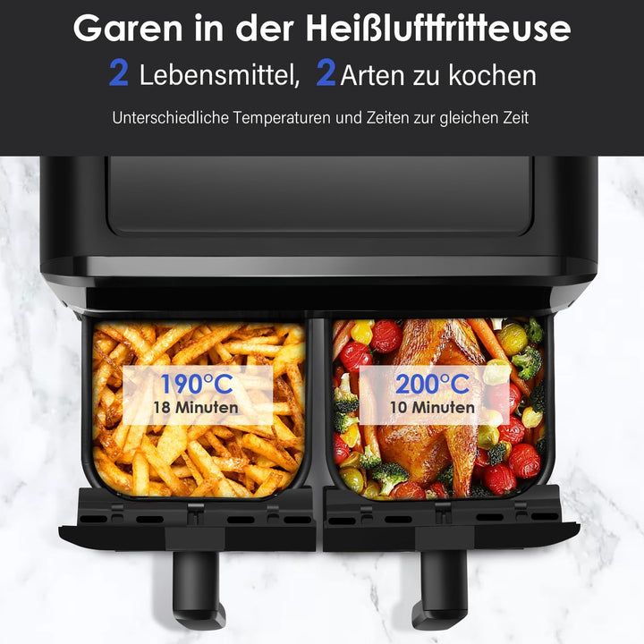 Dual Zone Heissluftfritteuse, XXL 9L Rapid AirFryer, 2 Fächer, 8 Programme, 80°C- 200°C, 2400W, Heis