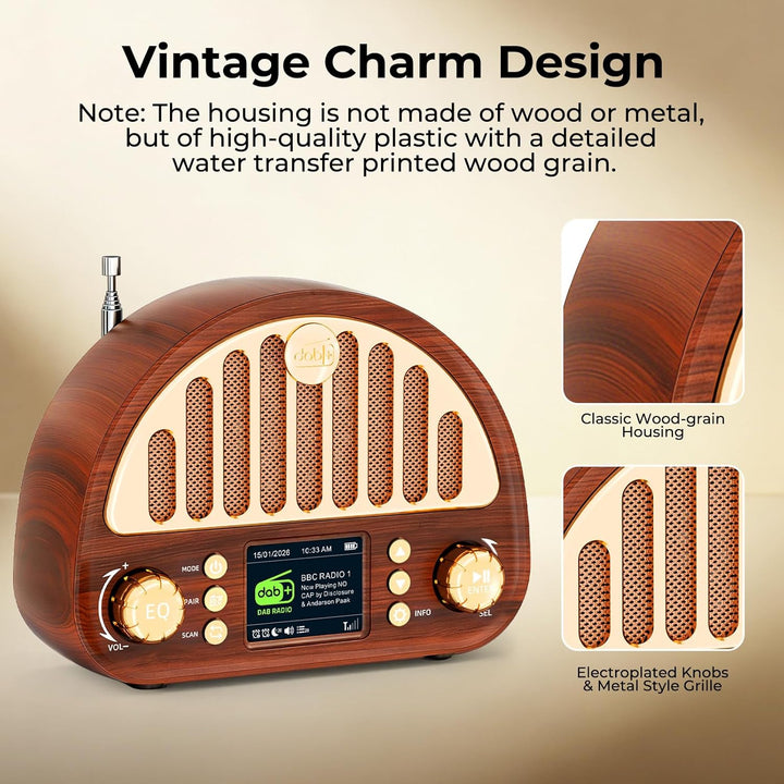 ROCAM DAB+/UKW Radio, Retro Radio mit Bluetooth 5.0, 8W Full Sound Lautsprecher, 3000mAh Akku, 2" Fa