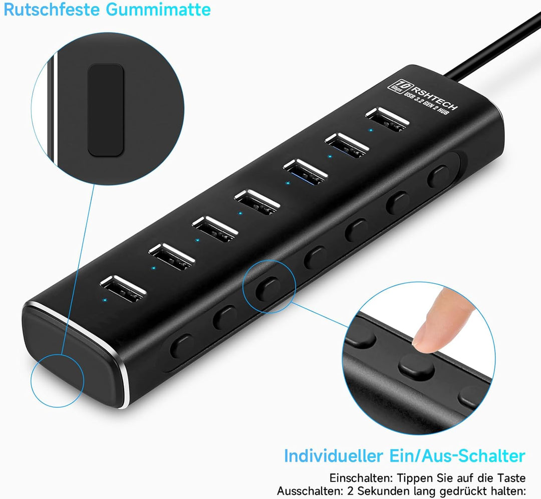 USB 3.2 Hub Aktiv mit Netzteil, RSHTECH Aluminium USB Hub 3.1 Gen2 mit 7*USB 3.2-Datenport (10Gbps),