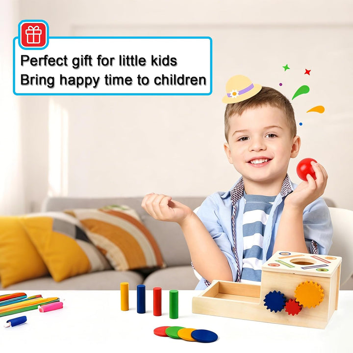 Montessori Objektpermanenz Box, Motorikspielzeug ab 1 Jahr | 4-in-1 Holzspielzeug mit Farben- und Fo