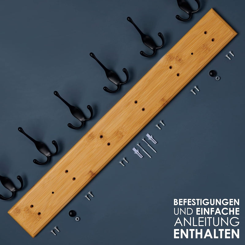 LARHN Garderobenhaken Holz - Garderobenleiste Holz mit 6 Haken in Schwarz - 59 cm - Kleiderhaken Wan