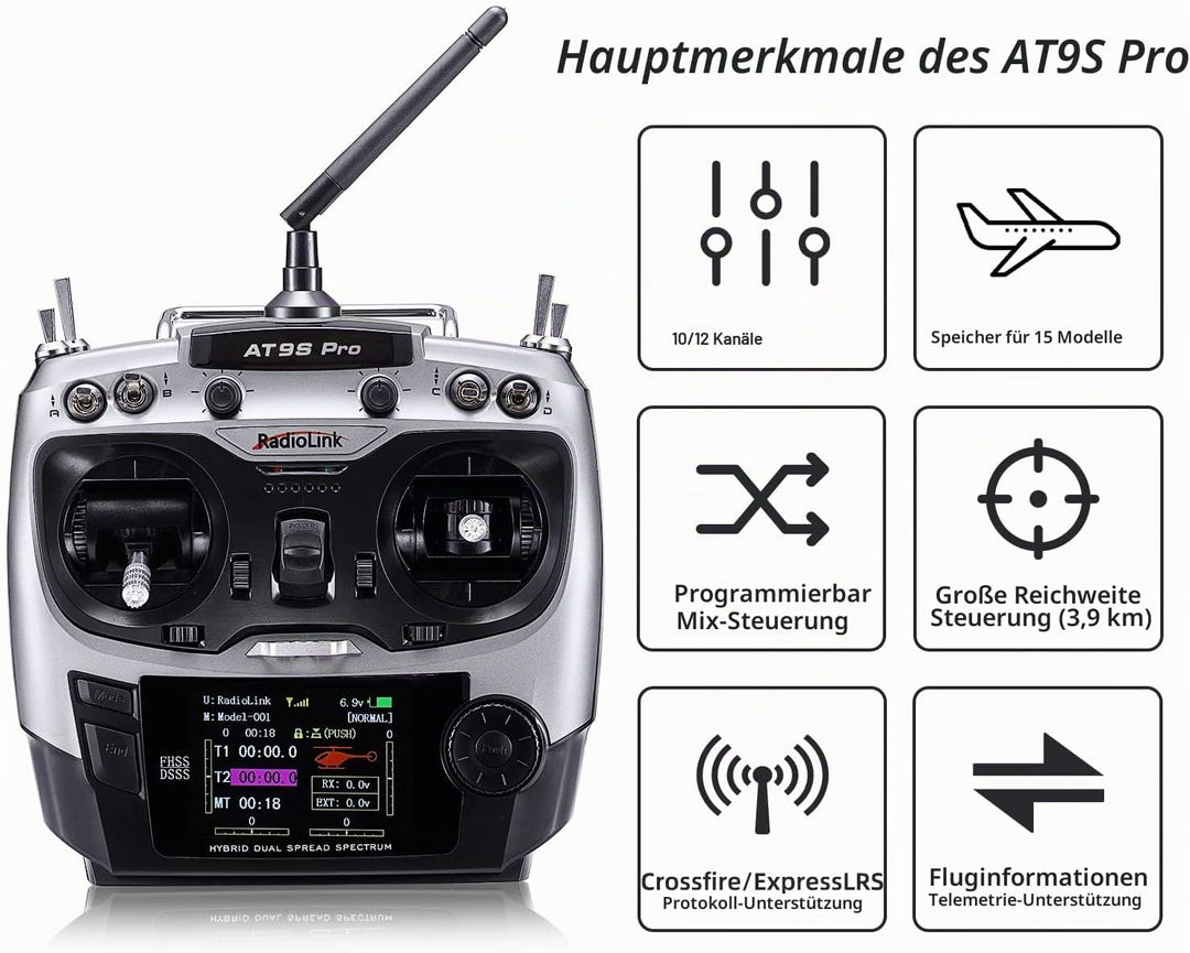 Radiolink AT9S Pro RC Fernsteuerung mit Empfänger, 10/12 Kanäle mit Empfänger-R9DS 2.4 GHz Fernbedie