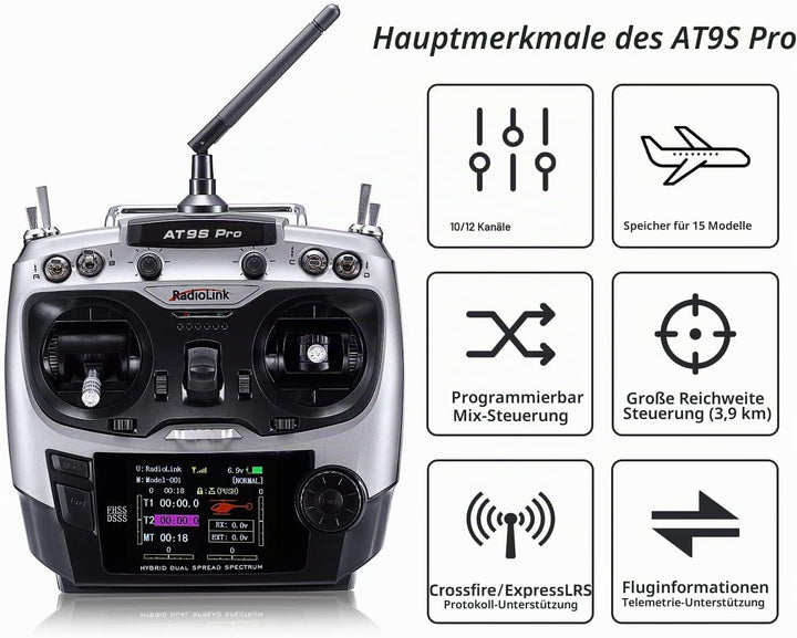 Radiolink AT9S Pro RC Fernsteuerung mit Empfänger, 10/12 Kanäle mit Empfänger-R9DS 2.4 GHz Fernbedie