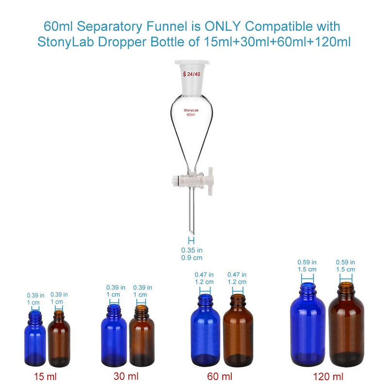 StonyLab 60 ml Trichter aus Borosilikatglas, Separatory Funnel, Schwerwandig Konisch mit 24/40 Gelen