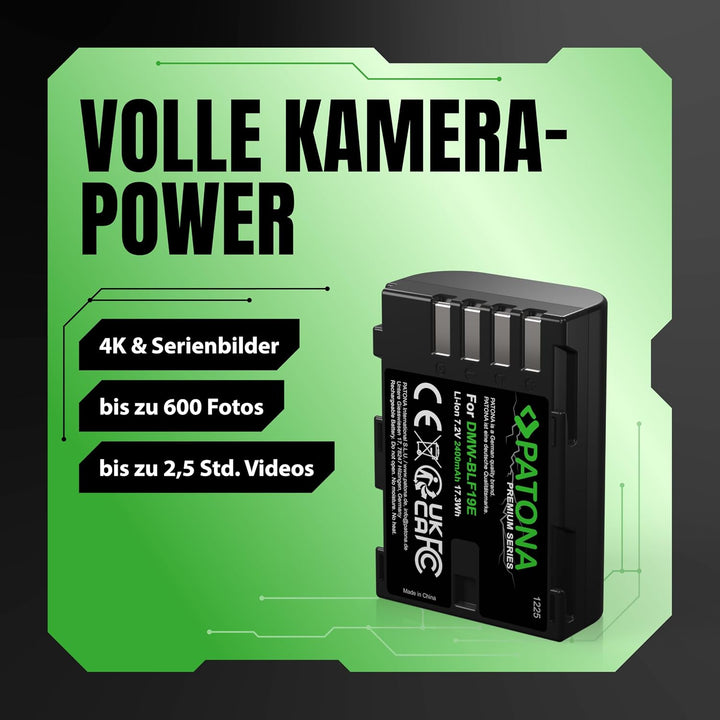 PATONA 2X Premium DMW-BLF19 E Akku 2400mAh Ersatzakku kompatibel mit Panasonic Lumix DC-G9 G9L G9EG
