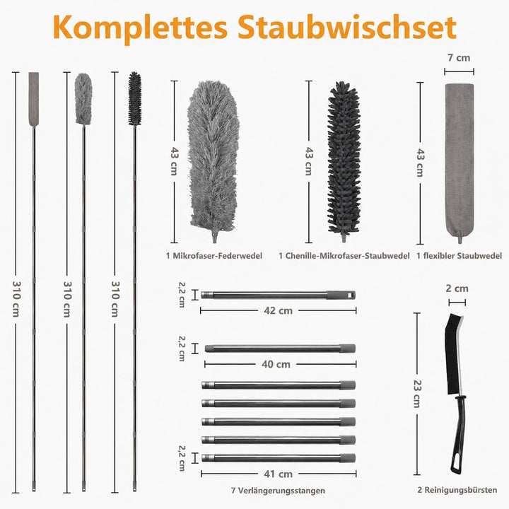 Terafeels 310 cm 5 Stück Staubwedel Lang Teleskop Waschbar, mit 1 Biegbare Eckbesen und 1 Chenille S