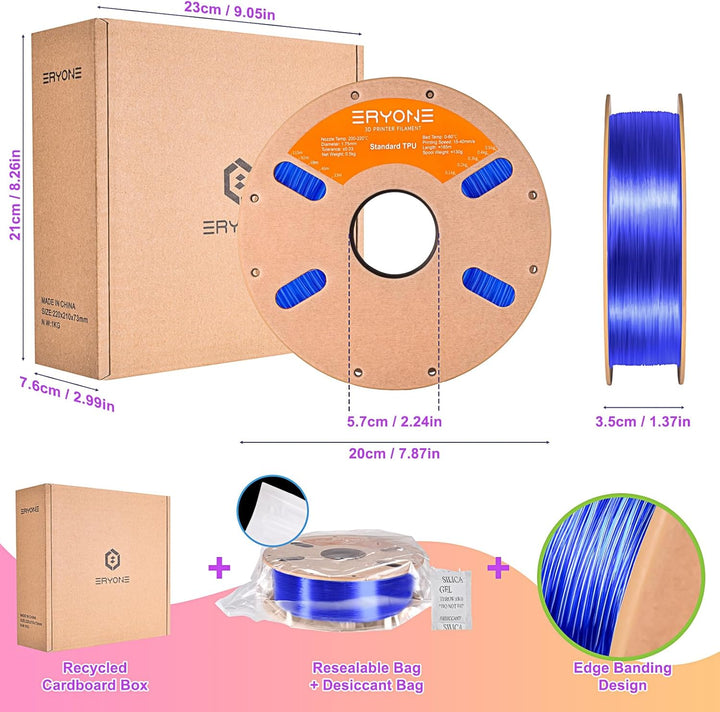 ERYONE TPU Filament 1.75mm, 3D Drucken Filament TPU, 0.5kg 1 Spool, Transparent Blue 0.5kg-e-Transpa