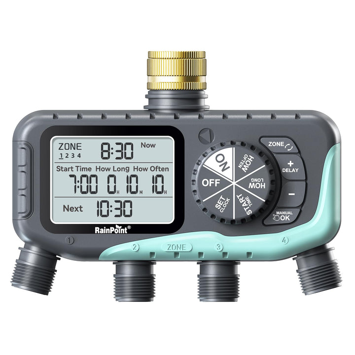 RAINPOINT Bewässerungscomputer 4 Ausgänge, Messingeinlass, IP65 Wasserdicht Wasserzeitschaltuhr mit