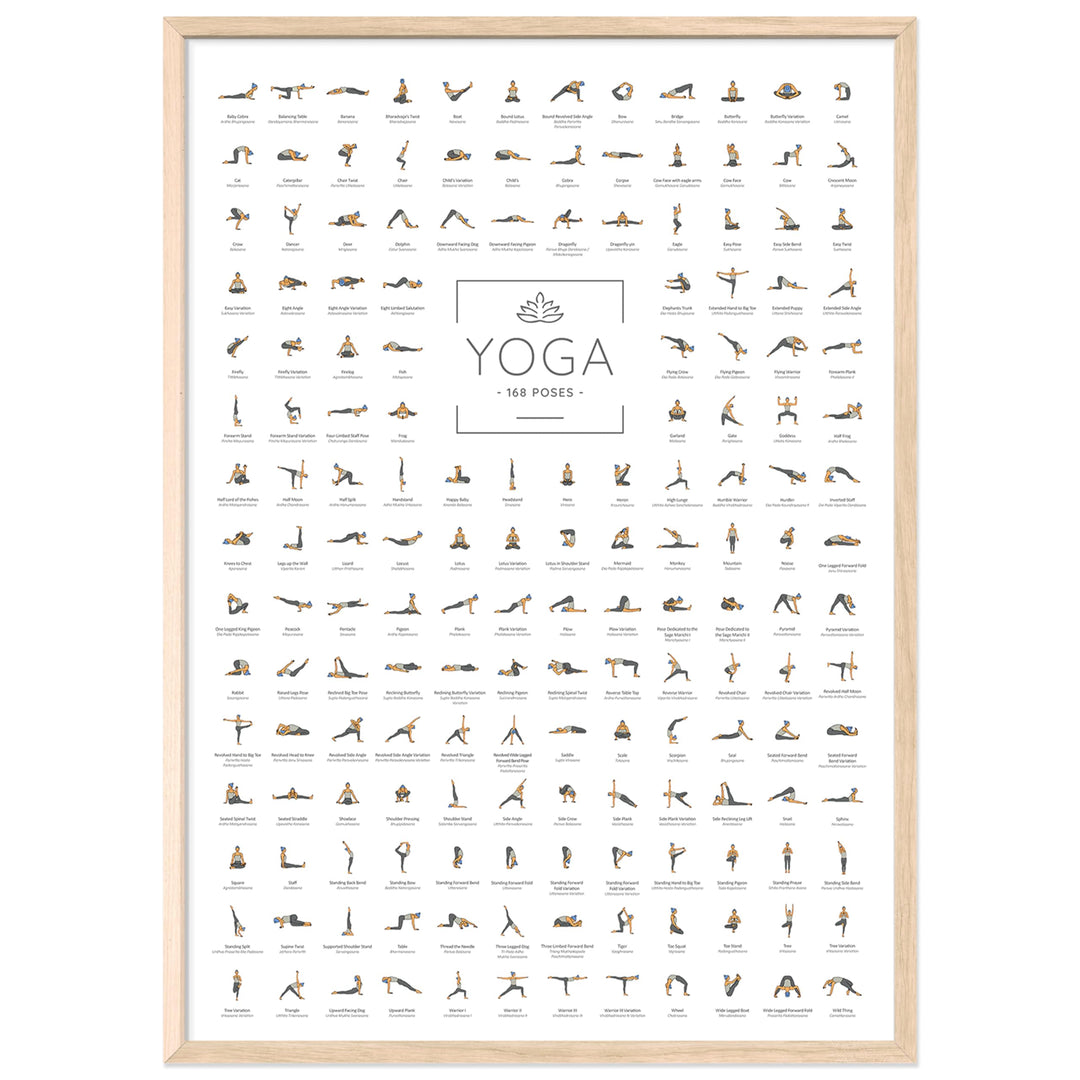 JUNOMI® Yoga Poster DIN A2 mit Rahmen Farbe Eiche, Yoga Zubehör für Studios und Übungen Zuhause, per