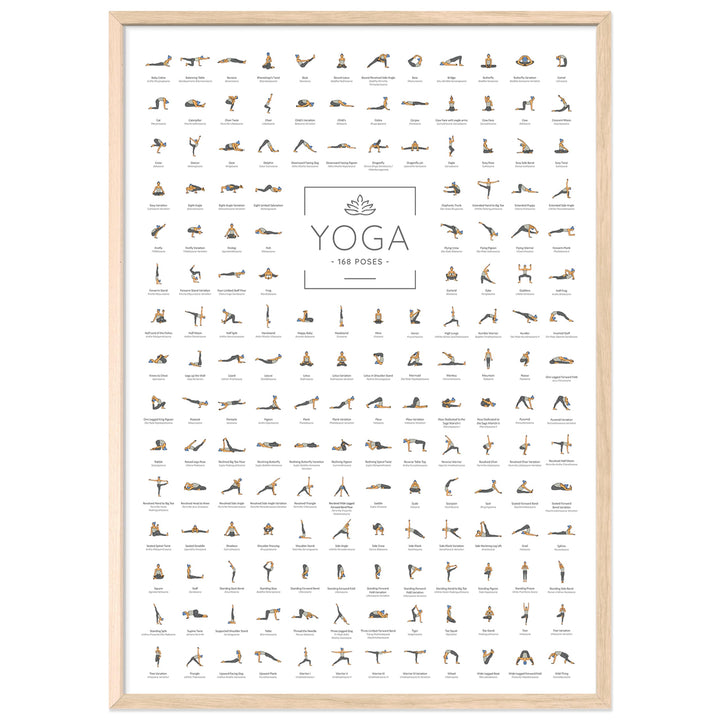 JUNOMI® Yoga Poster DIN A2 mit Rahmen Farbe Eiche, Yoga Zubehör für Studios und Übungen Zuhause, per