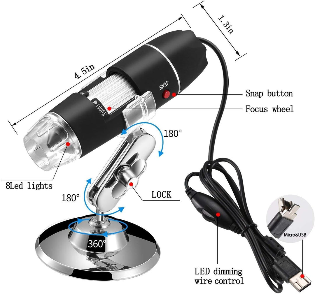 Jiusion 40-1000x Vergrösserung Endoskop, 8 LED USB 2.0 Digital Mikroskop, Mini Kamera mit OTG Adapte