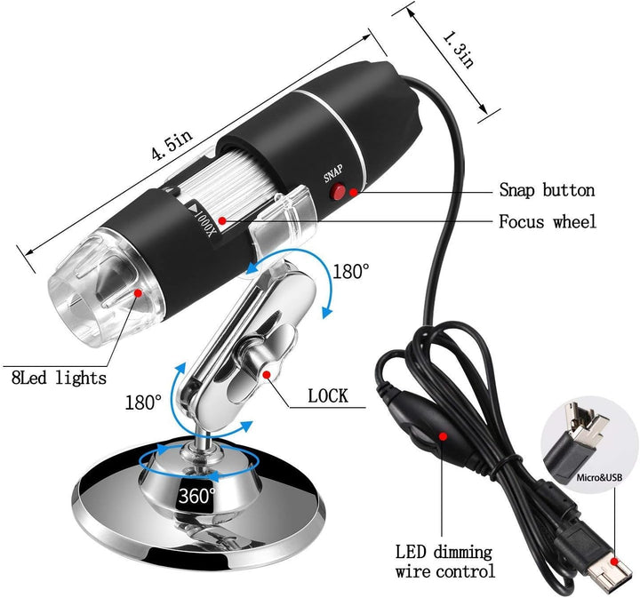 Jiusion 40-1000x Vergrösserung Endoskop, 8 LED USB 2.0 Digital Mikroskop, Mini Kamera mit OTG Adapte