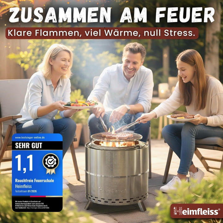 Heimfleiss® Rauchfreie Feuerschale Edelstahl Ø50cm | Feuerkorb mit Grillrost | Feuerschale Rauchfrei