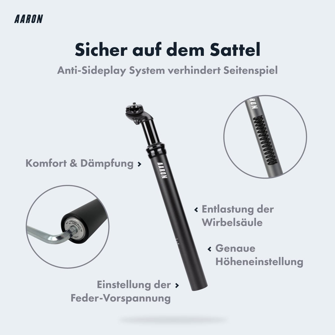 AARON Spring Federsattelstütze mit 27,2, 30,9 oder 31,6 mm Durchmesser - Gefederte Aluminium Sattels