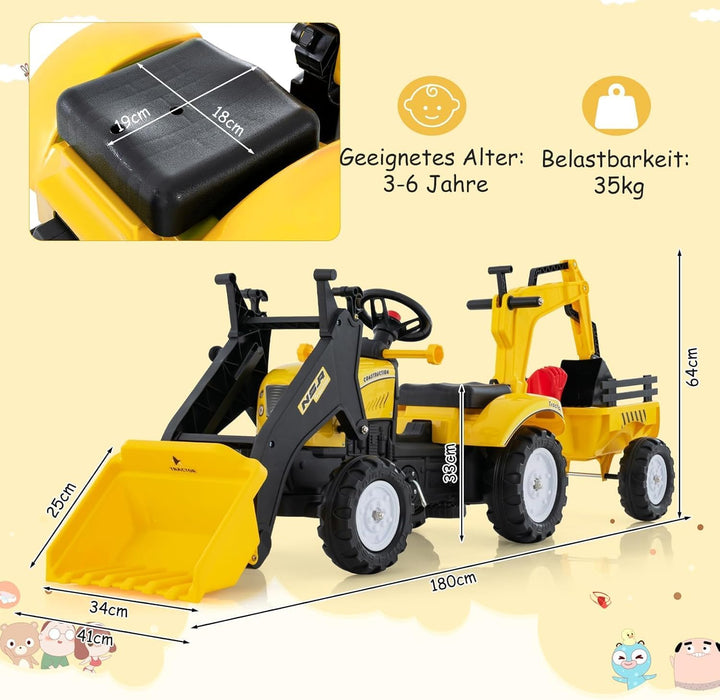 DREAMADE Trettraktor, Kindertraktor mit Anhänger &amp; Schaufel &amp; Frontlader, Kinderbagger Sitzbagger mi