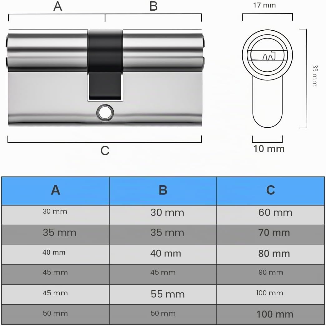 85 mm (40/45) Zylinderschloss aus satiniertem Nickel mit 3 Standardschlüsseln Anti-Knack Anti-Druck