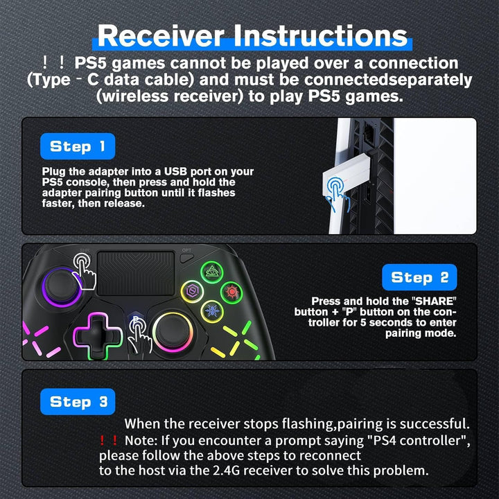 Kabelloser Controller with Adapter für PS5 Game LED Dual-Motor-Vibration/6-Achsen-Sensor/Turbo/3,5-m