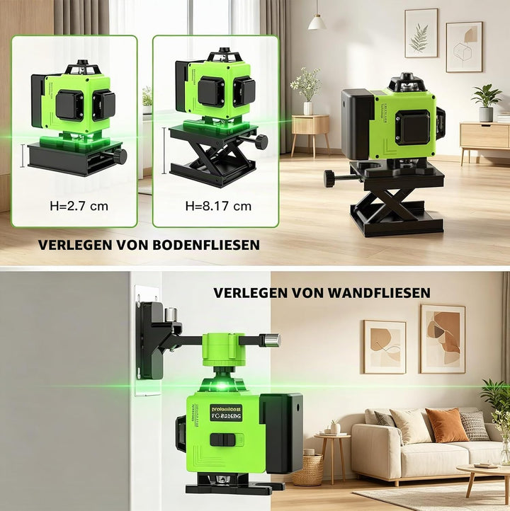 4D Kreuzlinienlaser Grün 360° Selbstnivellierend – 16 Linien Baulaser Set mit Einstellbarer Helligke