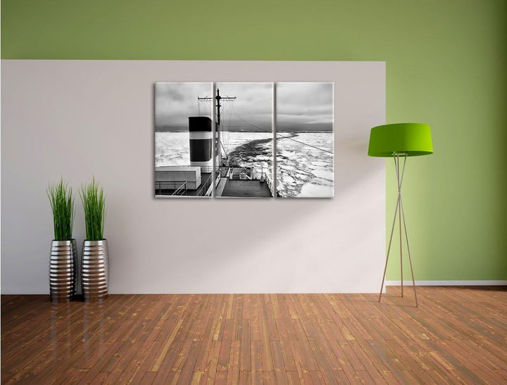 Pixxprint riesiges Schiff in Eisdecke 3Teiler 120x80 cm Leinwandbild Wandbild Kunstdruck