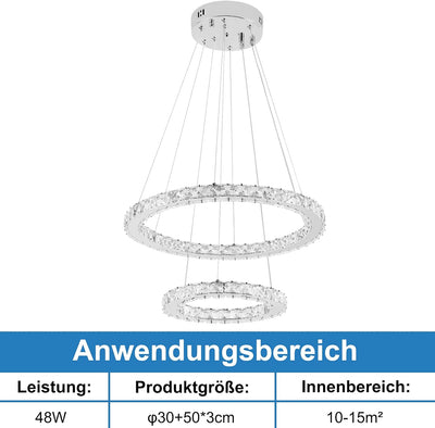 AufuN 48W Moderne Kristall LED 2 Ring Design, Kreative Kronleuchter Hängelampe für Schlafzimmer Wohn