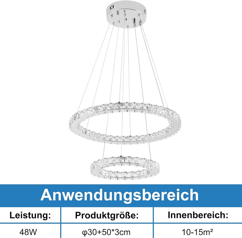 AufuN 48W Moderne Kristall LED 2 Ring Design, Kreative Kronleuchter Hängelampe für Schlafzimmer Wohn