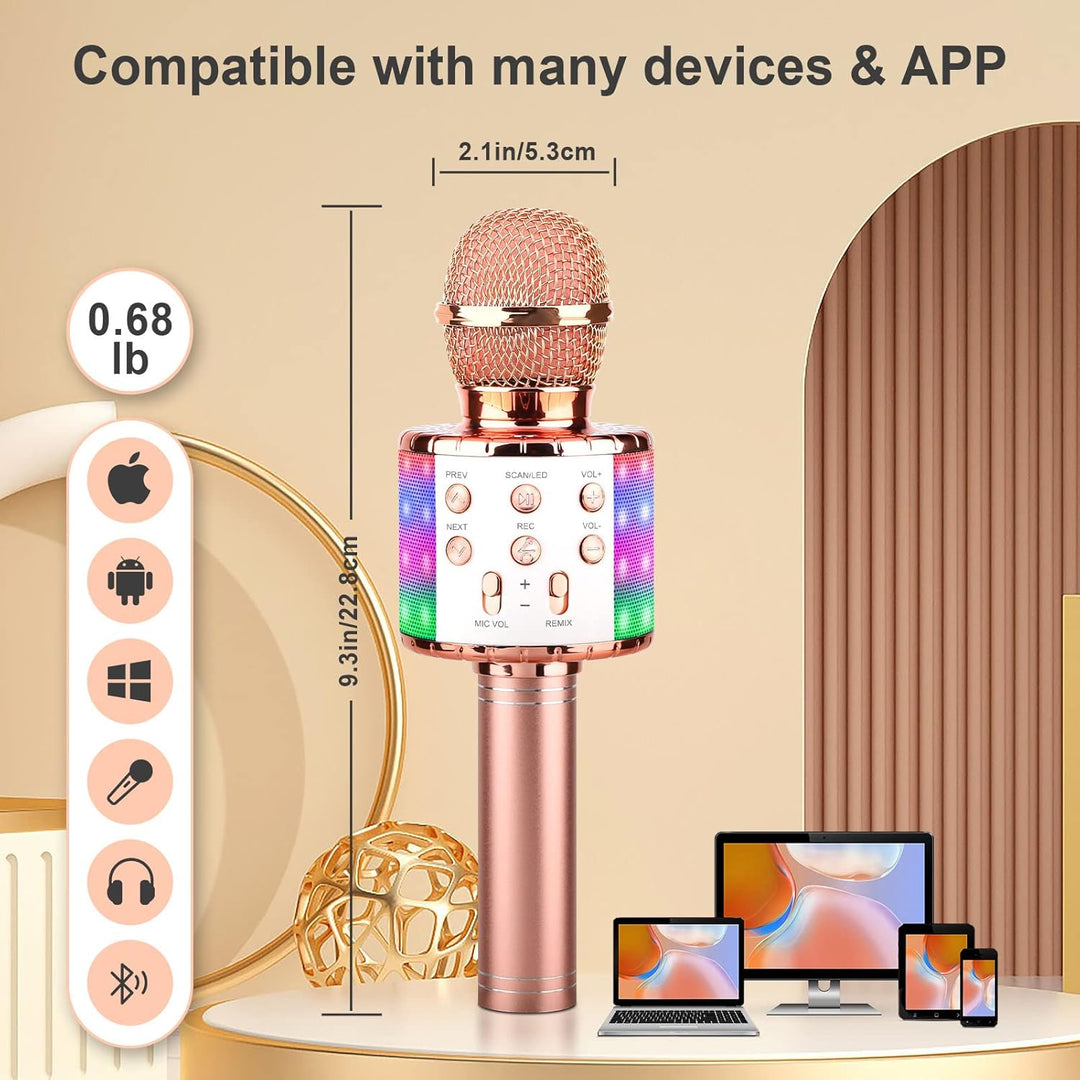 ShinePick Mikrofon Kinder Bluetooth, 4-in-1 Drahtloses Karaoke Mikrofon, Tragbare LED Microphone Spi