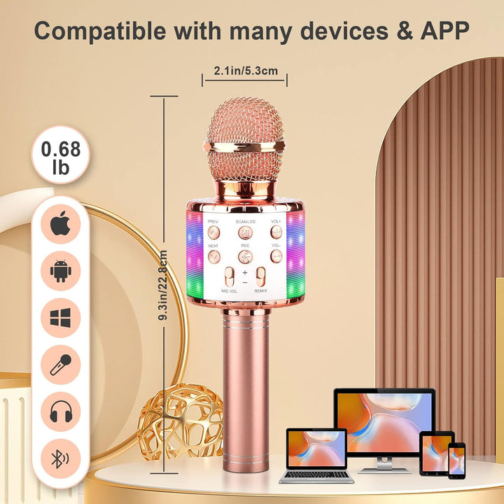ShinePick Mikrofon Kinder Bluetooth, 4-in-1 Drahtloses Karaoke Mikrofon, Tragbare LED Microphone Spi